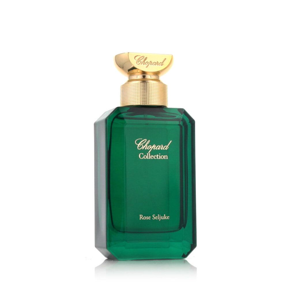 Grüner Flakon mit goldfarbenem Verschluss. Aufschrift: Chopard Collection, Rose Seljuke. Eckige Form.