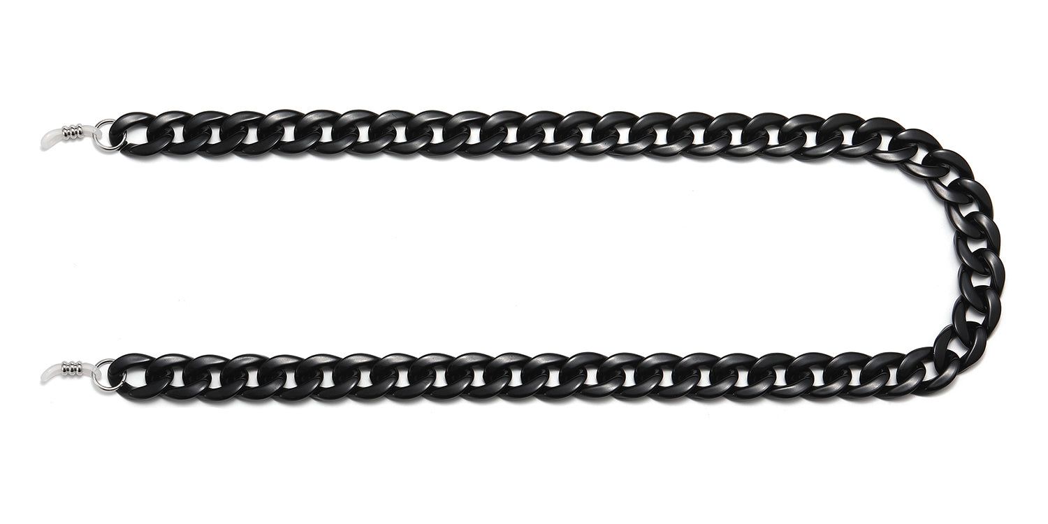Schwarze Brillenkette mit Gliedern. Enden mit Schlaufen zur Befestigung an Brillen. Auf weißem Hintergrund.