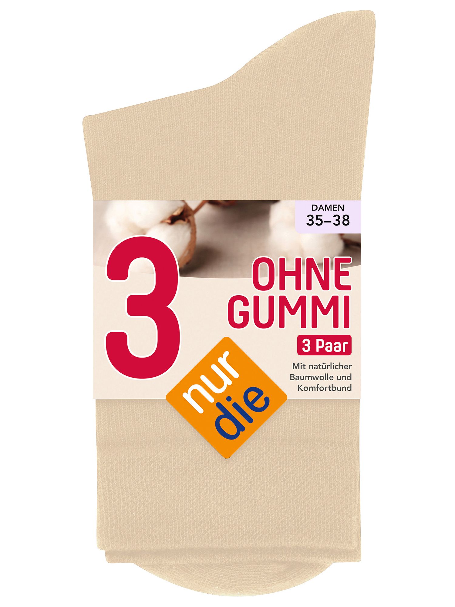 Beige Socken, 3er Pack. Aufschrift: OHNE GUMMI, 3 Paar. Marke: nur die. Größe 35-38. Mit natürlicher Baumwolle und Komfortbund.