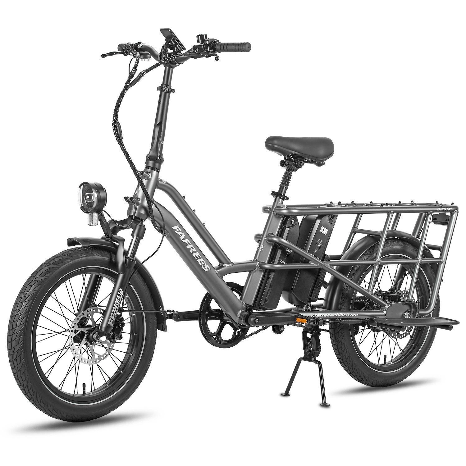 Graues Elektrofahrrad mit Gepäckträger, zwei Batterien und Ständer. Marke FAFREES.