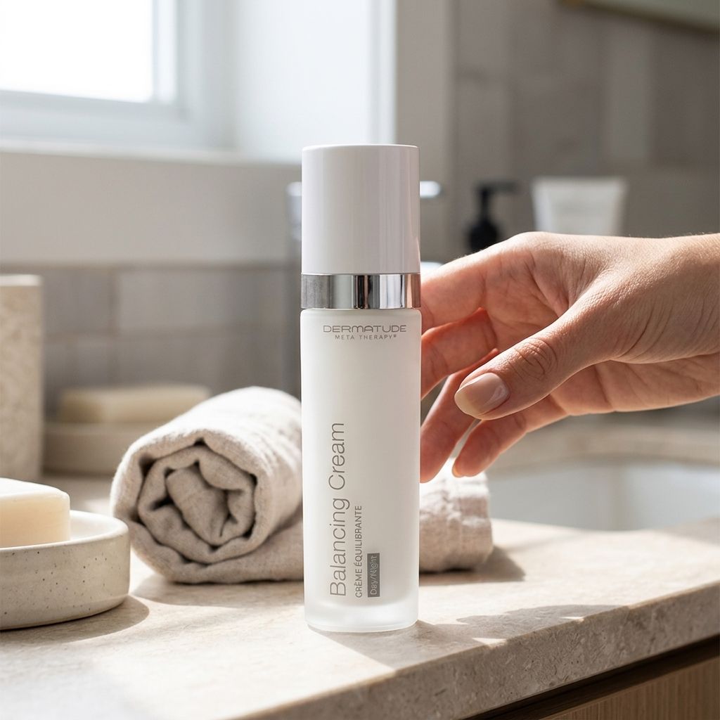 Hand greift nach einer Flasche Balancing Cream auf einem Waschtisch mit Handtüchern.