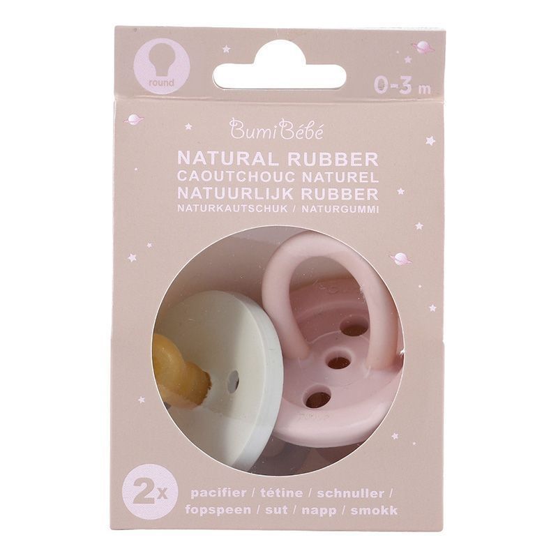 Verpackung mit zwei Schnullern. Rosa und mintgrün. Text: 'Bumi Bébé', 'Natural Rubber', '0-3 m'.