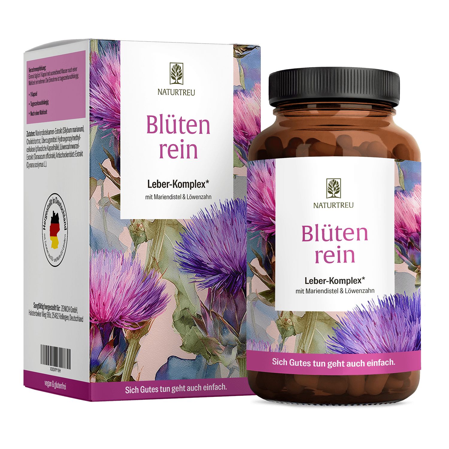 NATURTREU® Leber-Komplex mit Mariendistel und Löwenzahn: Flasche und Karton mit Blütenmotiv.