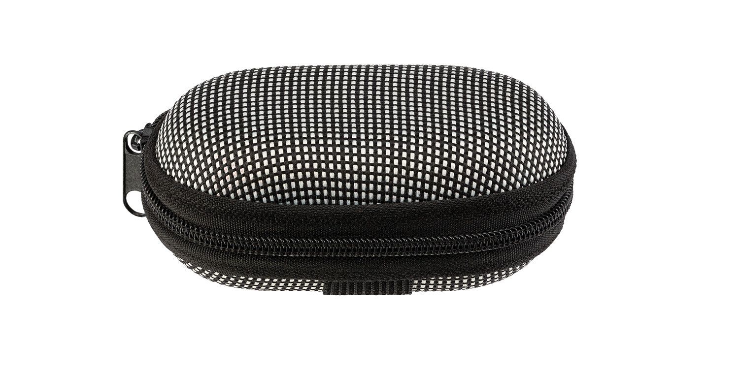 Schwarzes, ovales Brillenetui mit Reißverschluss. Weißes Gittermuster auf der Oberfläche.