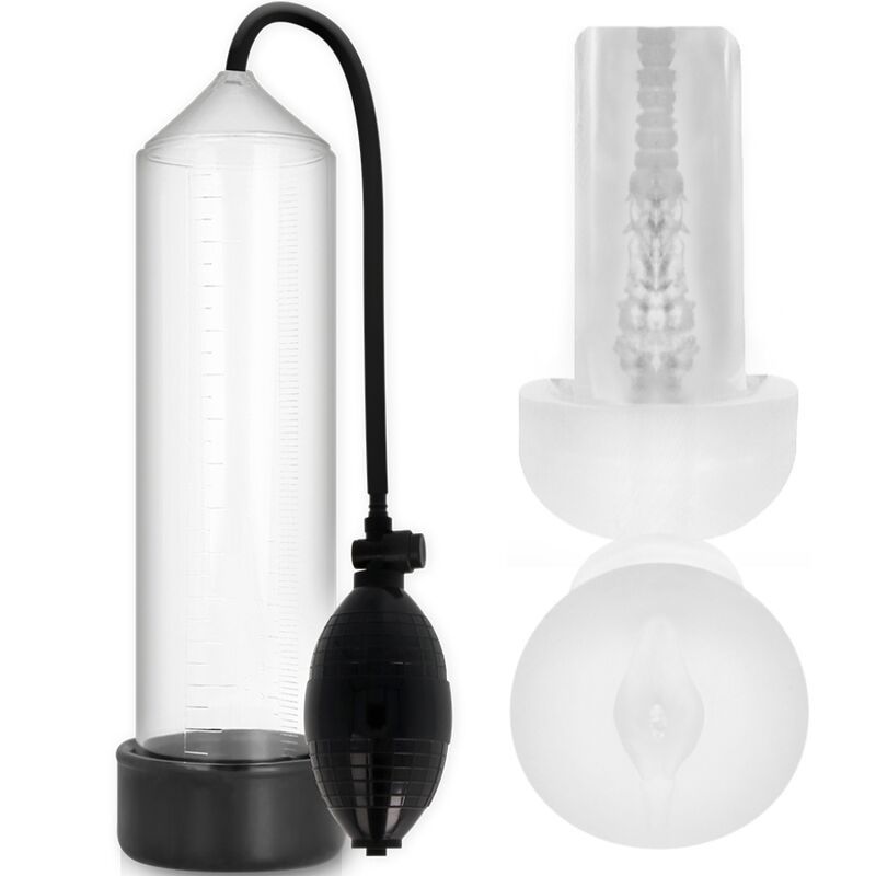 Zylindrische Pumpe mit schwarzem Pumpball und Schlauch. Transparentes Zylinderteil mit Messskala. Zusätzliche transparente Komponente.