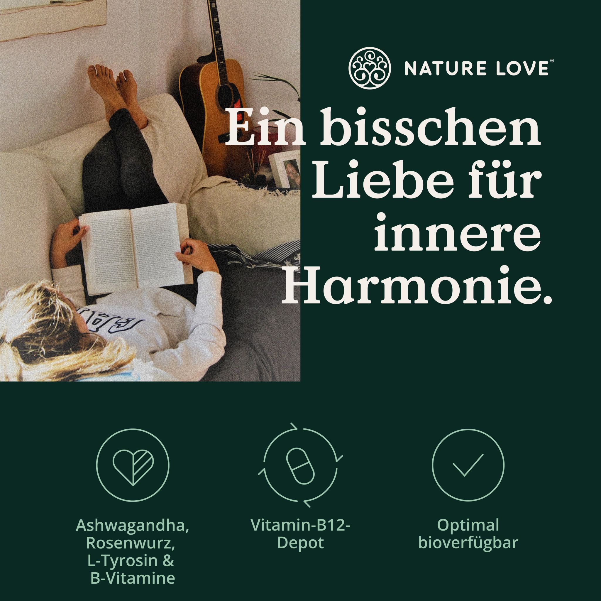 Person liest Buch auf Couch. Text: Ashwagandha, Rosenwurz, L-Tyrosin & B-Vitamine. Vitamin-B12-Depot. Optimal bioverfügbar.