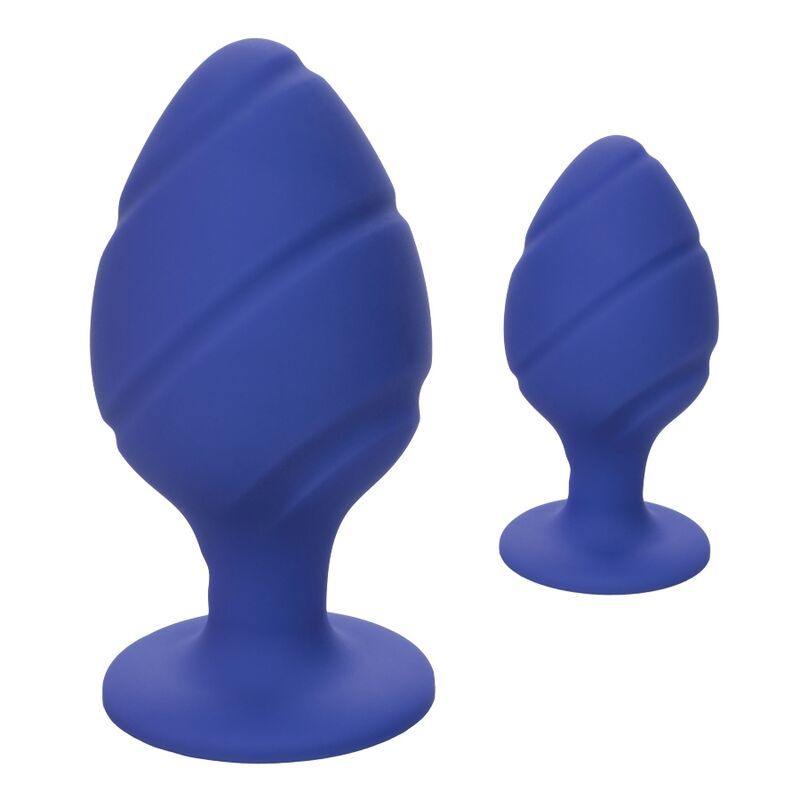 Blauer Analplug mit geriffelter Oberfläche und Basis.