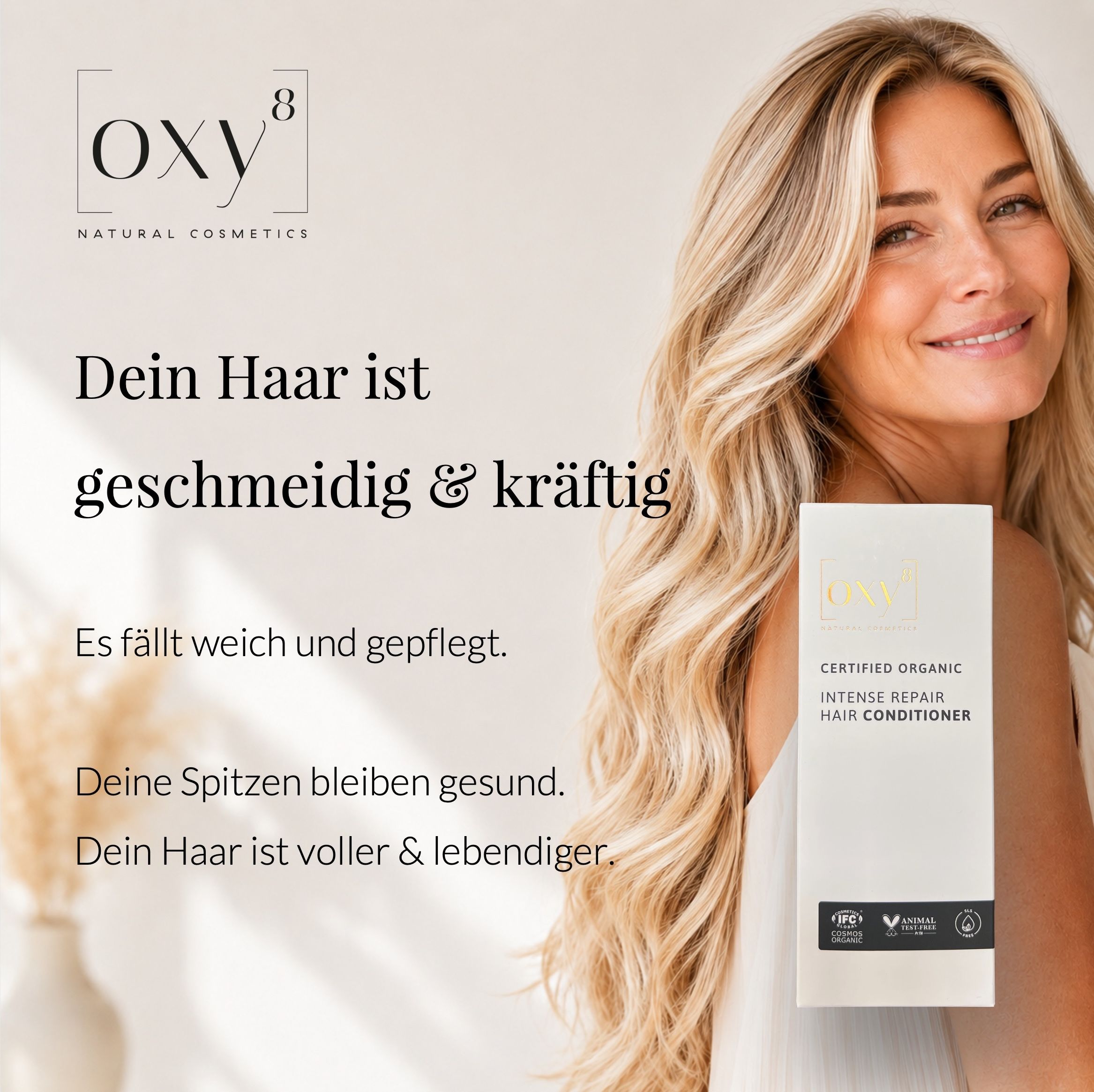 Frau mit blonden Haaren. Produktverpackung mit Text.