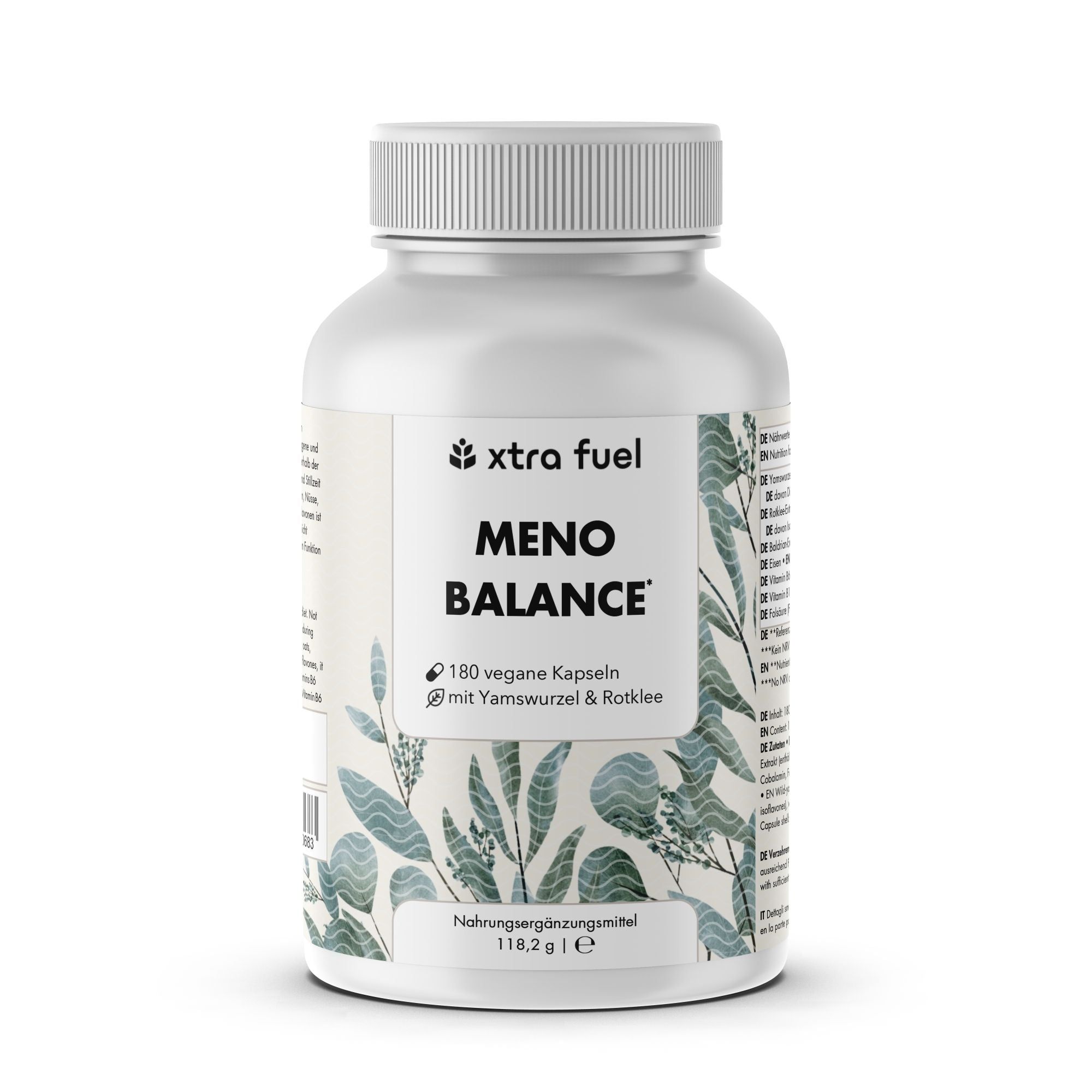 Weiße Flasche mit Kapseln. Aufschrift: XTRA FUEL Meno Balance. 180 vegane Kapseln. Mit Yams, Rotklee.