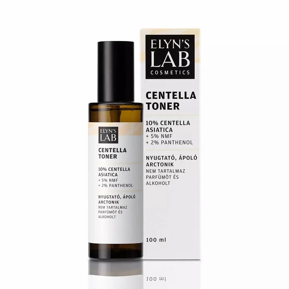 Produktflasche und Verpackung. Aufschrift: ELYN'S LAB Centella Toner. Enthält 10% Centella Asiatica, 5% NMF, 2% Panthenol. 100 ml.