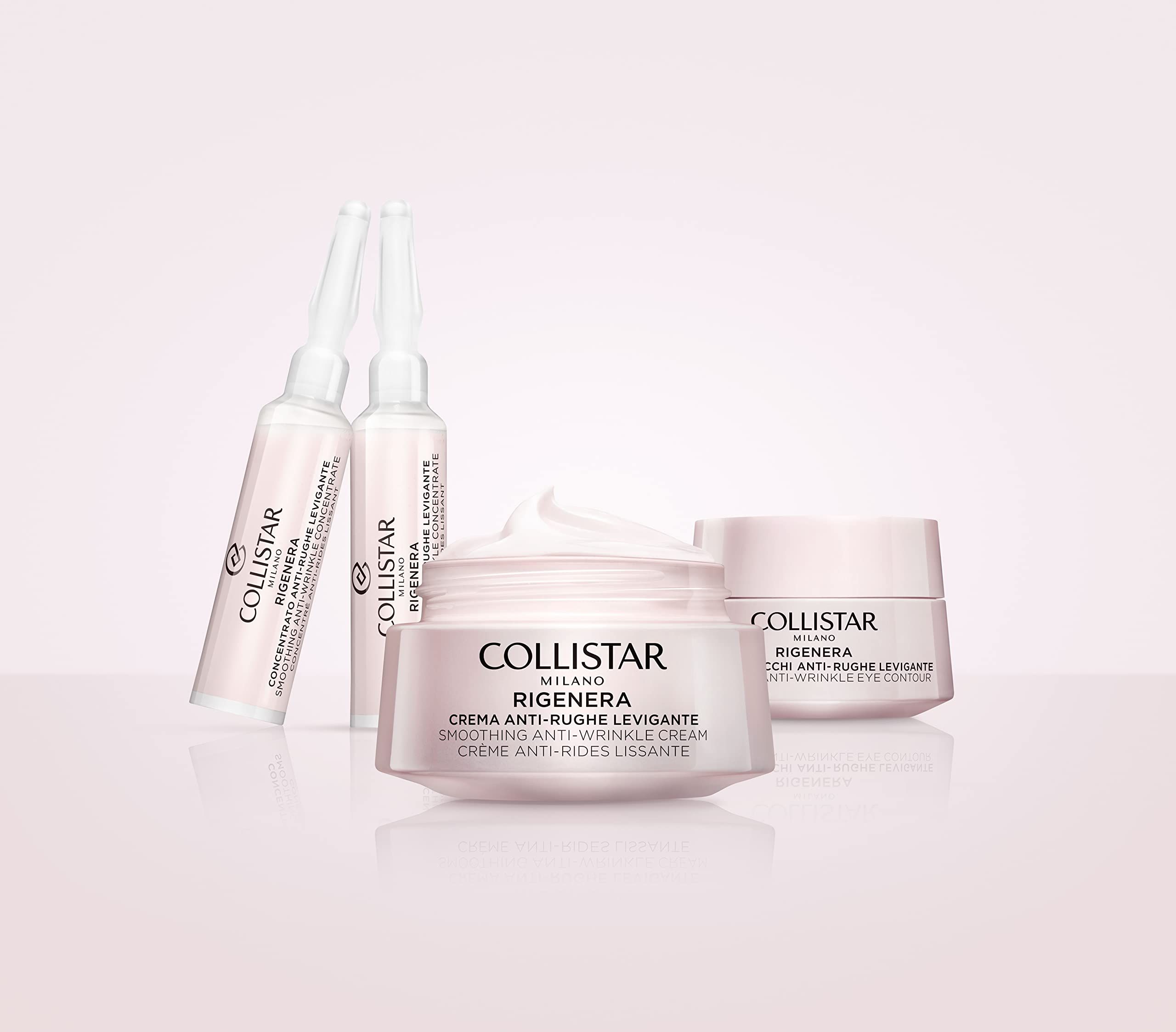 Zwei Ampullen und zwei Cremes. Aufschrift: Collistar Milano Rigenera Crema Antirughe Levigante.