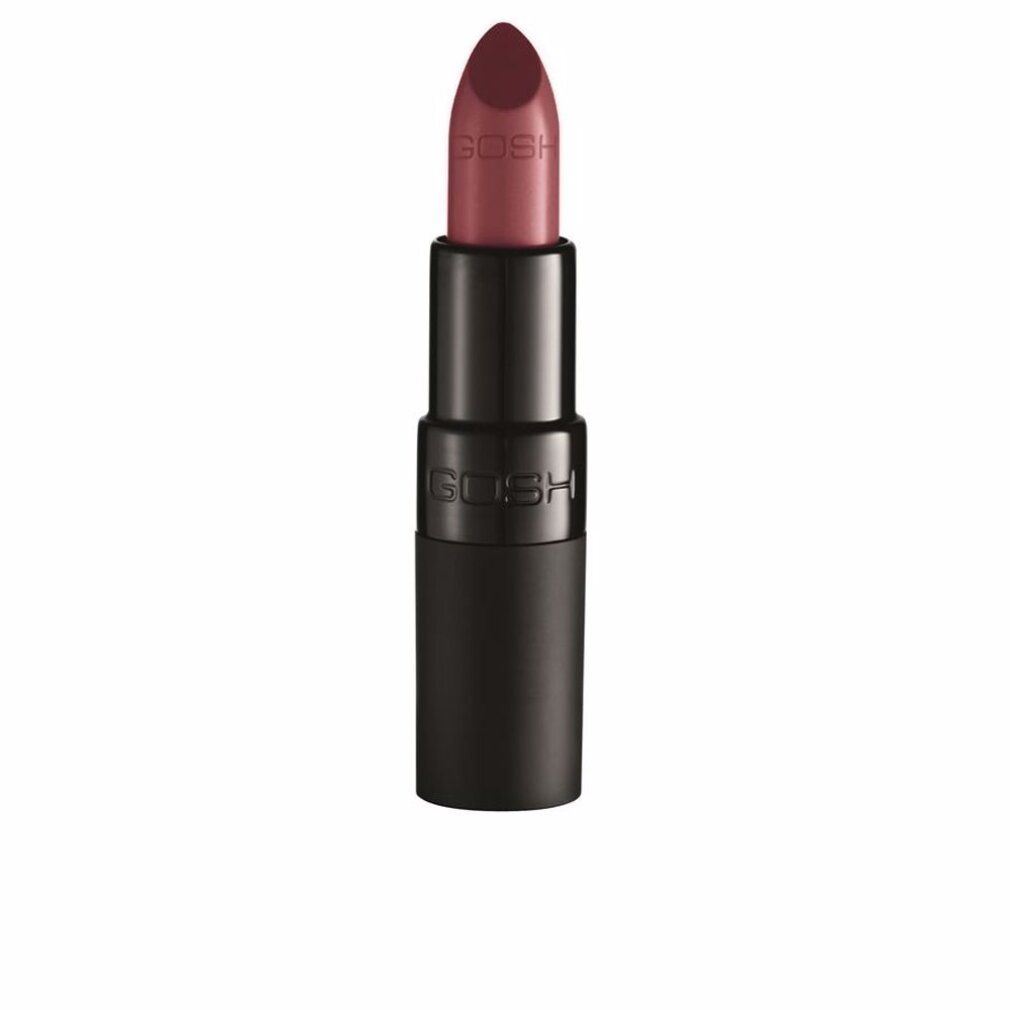 Gosh Velvet Touch Lipstick 160 Delicious. Schwarzer Lippenstift-Hülle. Lippenstift in Rosa-Rot. Gosh-Logo sichtbar.