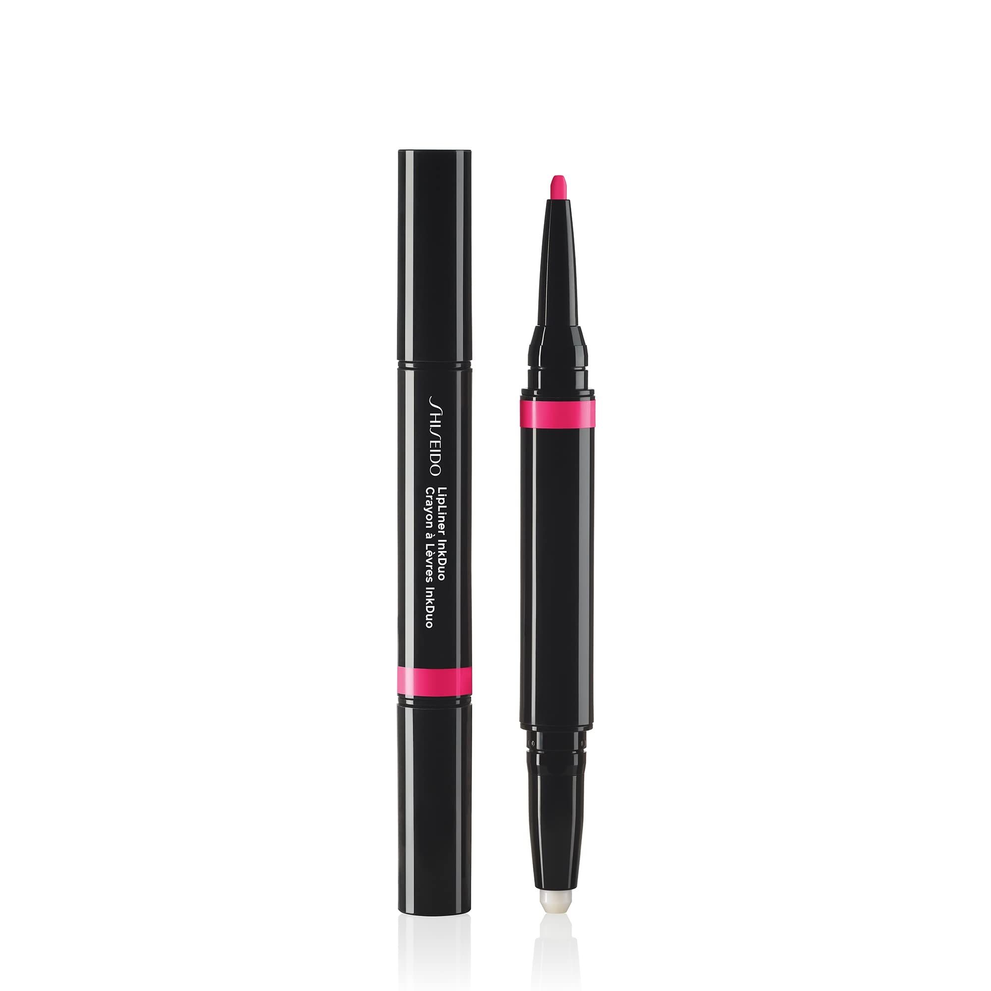 Shiseido Inkduo Lipliner. Schwarzer Stift mit magenta-farbener Markierung. Auf einer Seite Stift, andere Seite Applikator.