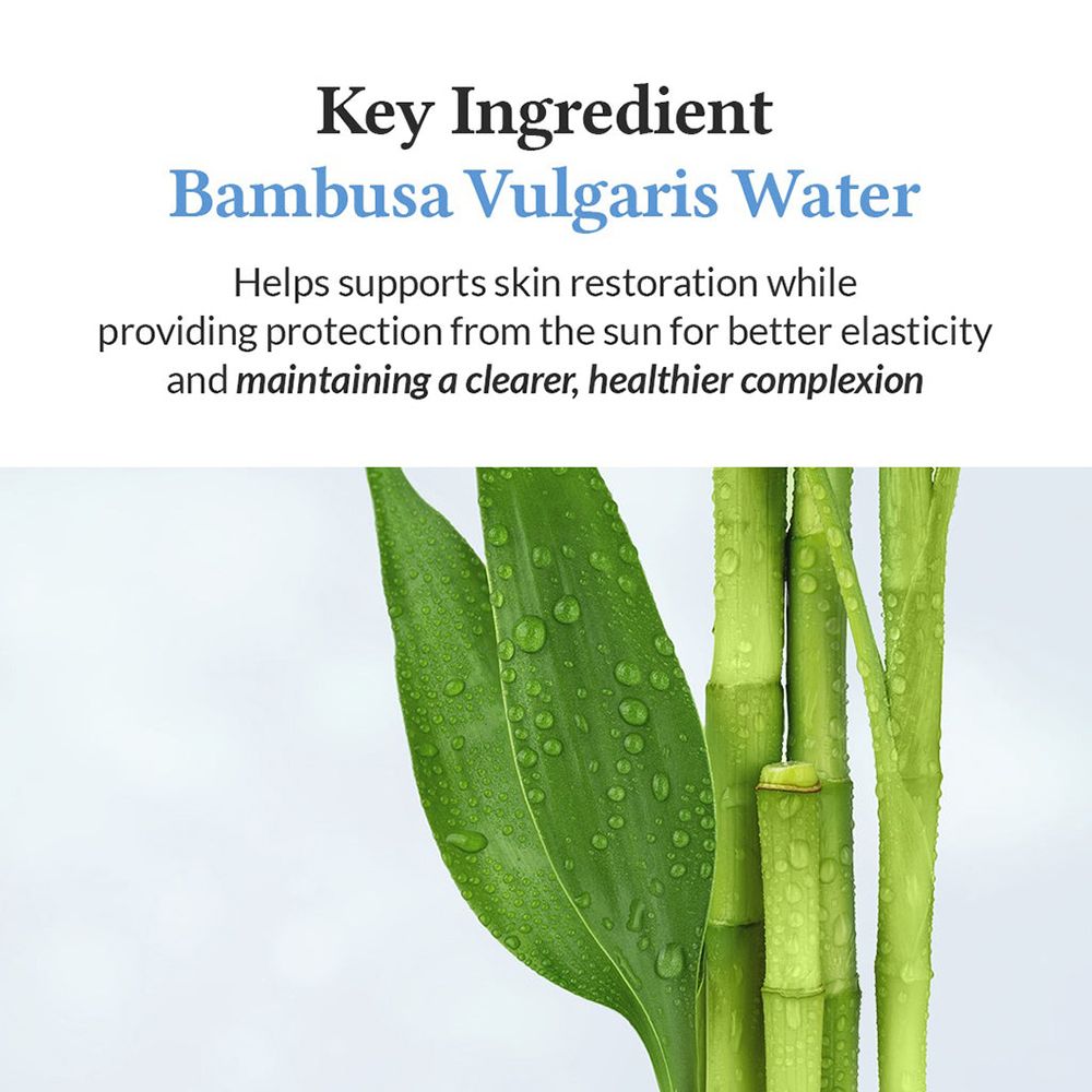 Bambusa Vulgaris Wasser als Schlüsselzutat für Hautpflege, mit Bambusblättern.