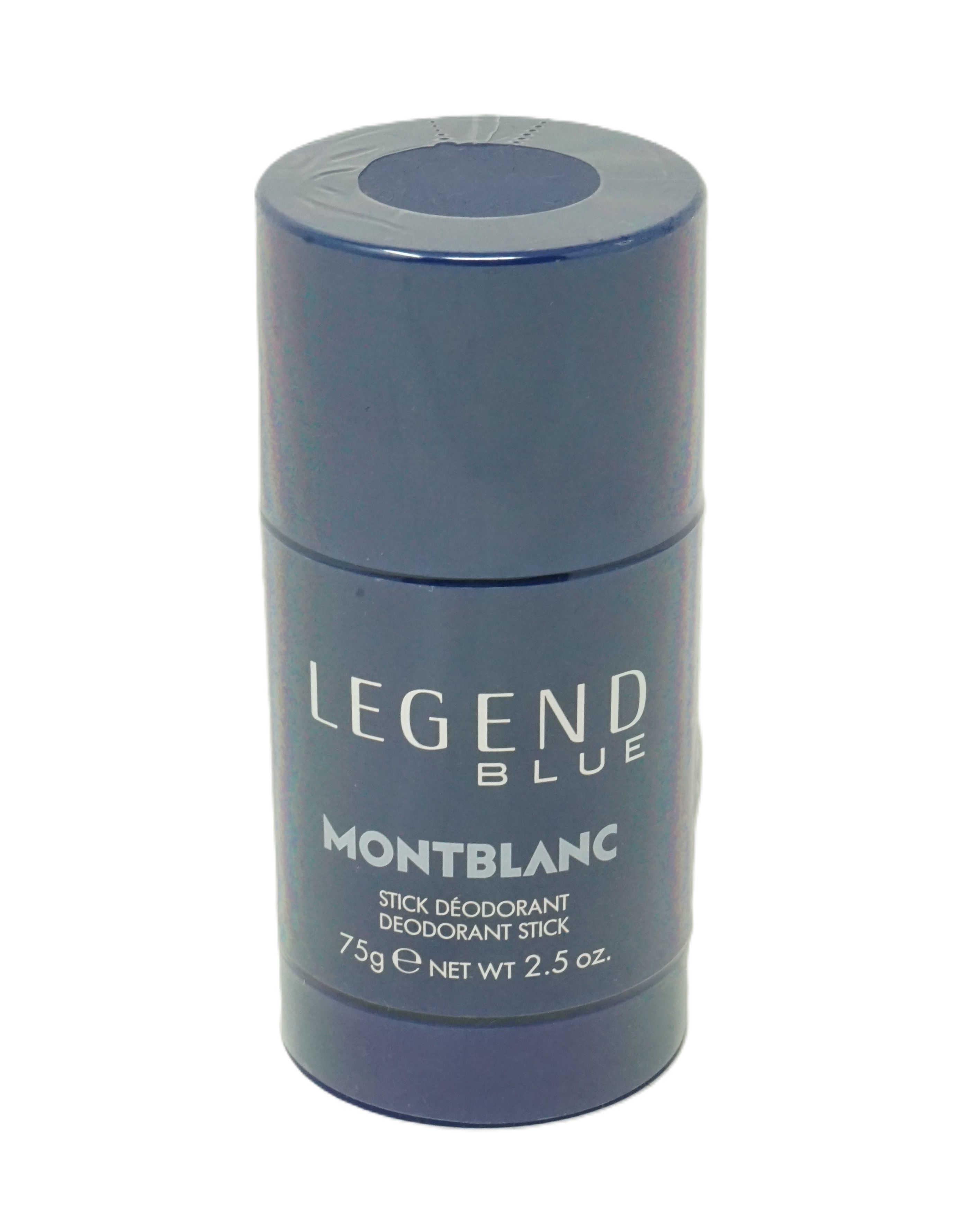 Zylindrischer Deostick, blau. Aufschrift: LEGEND BLUE, MONTBLANC, STICK DEODORANT, 75g NET WT 2.5 oz. Verpackt in Folie.