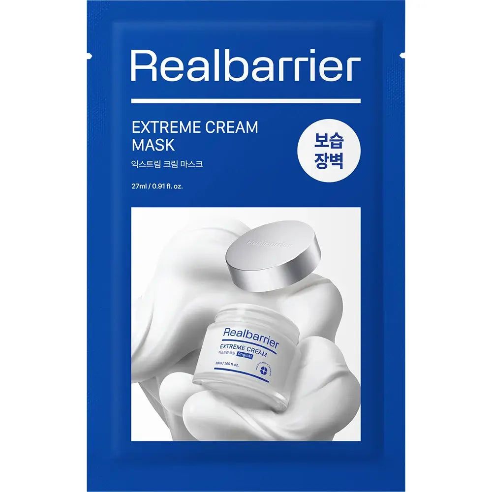 Blaues Sachet mit Produktabbildung und Text: Real Barrier Extreme Cream Mask. Auf weißem Hintergrund.