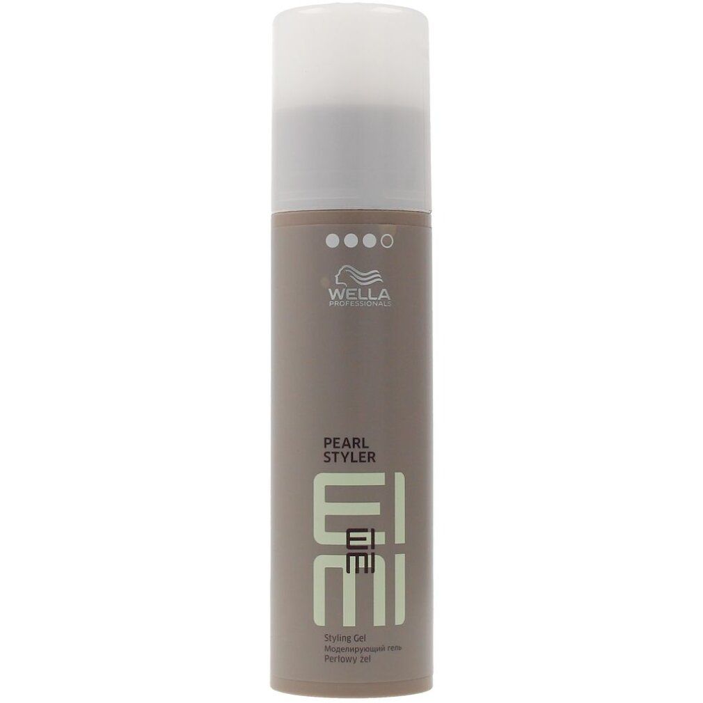 Zylindrische Flasche mit weißem Deckel. Aufschrift: Wella, Pearl Styler, Eimi. Graue und grüne Farbgebung.