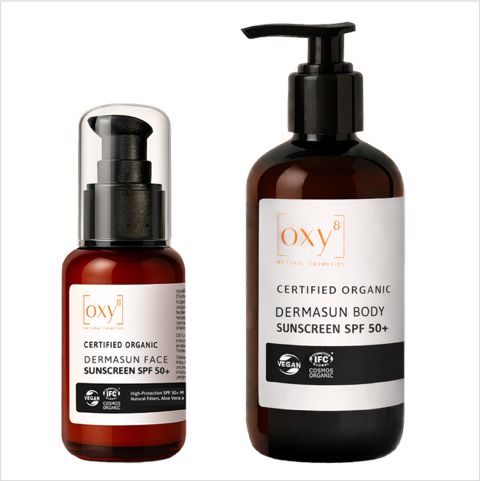 Zwei braune Flaschen, eine mit Spender, eine mit Pumpverschluss. Text: oxy8, DERMASUN, SPF 50+.