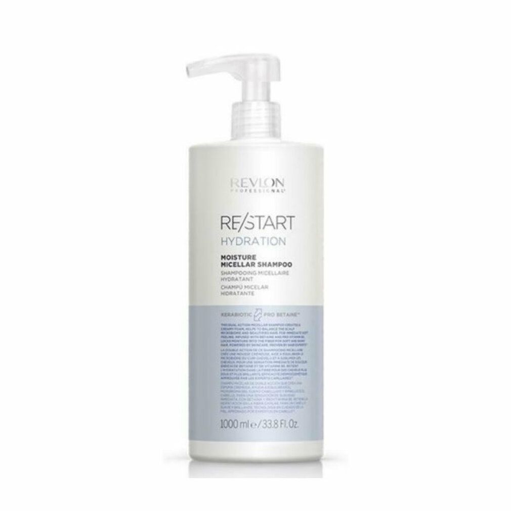 Revlon Re-Start Hydration Shampoo. Weiße Flasche mit Pumpe und blauem Etikett. Text: RE/START Hydration, Moisture Micellar Shampoo.