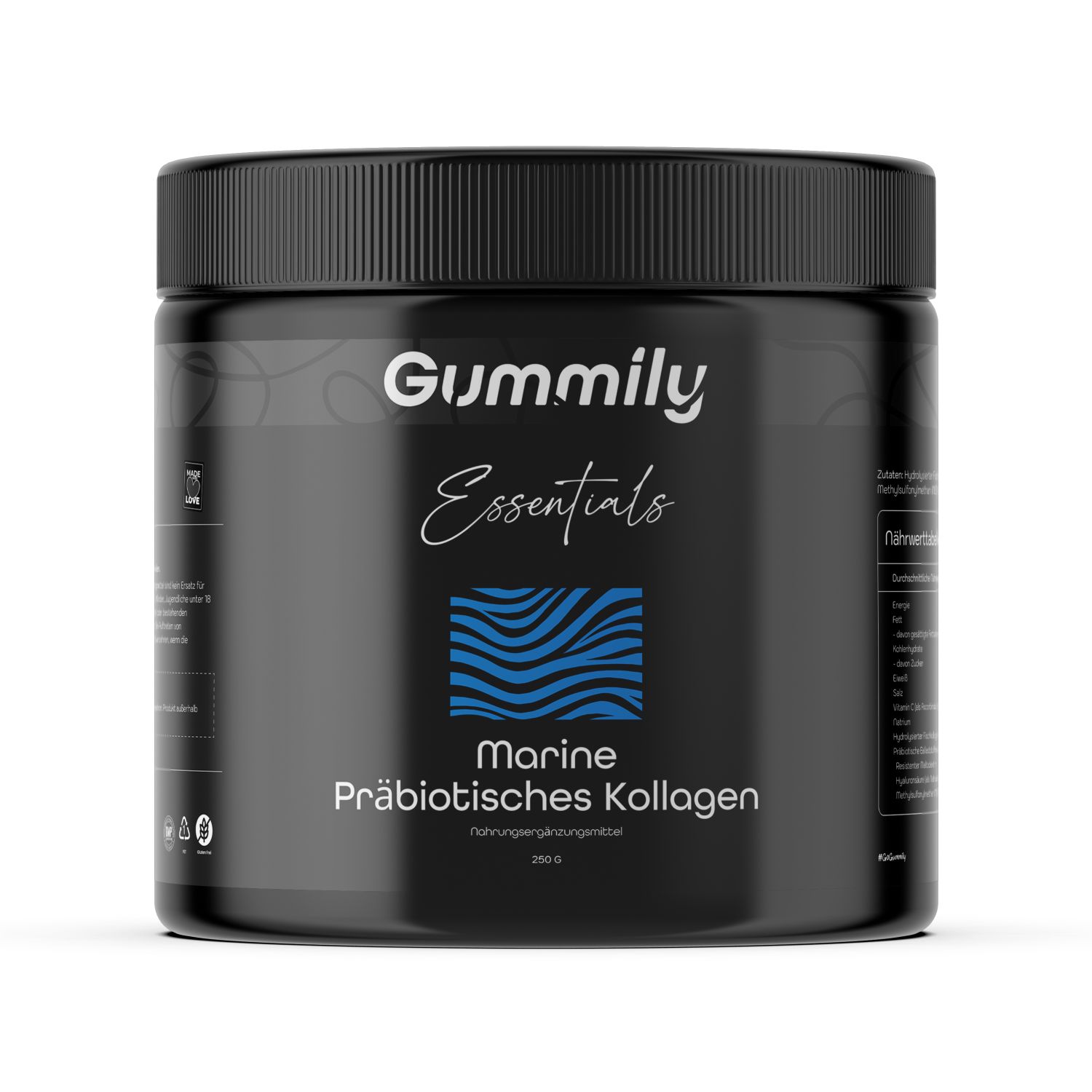 Schwarze Dose mit Gummily Essentials Marine Präbiotisches Kollagen. Wellenmuster und Text.