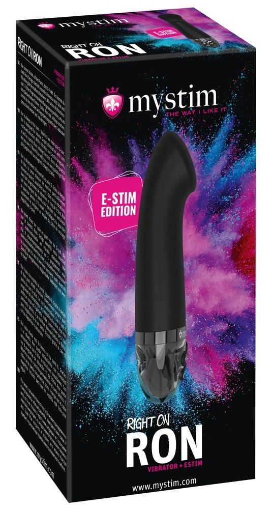 Verpackung von Mystim Right on Ron eStim Vibrator. Schwarzer Vibrator abgebildet. Produktname und Marke.