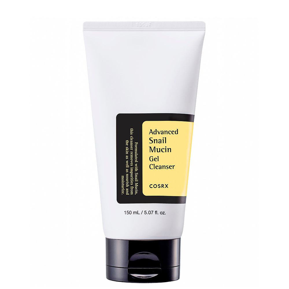 Weiße Tube mit schwarzem Klappdeckel, enthält COSRX Advanced Snail Mucin Gel Cleanser.