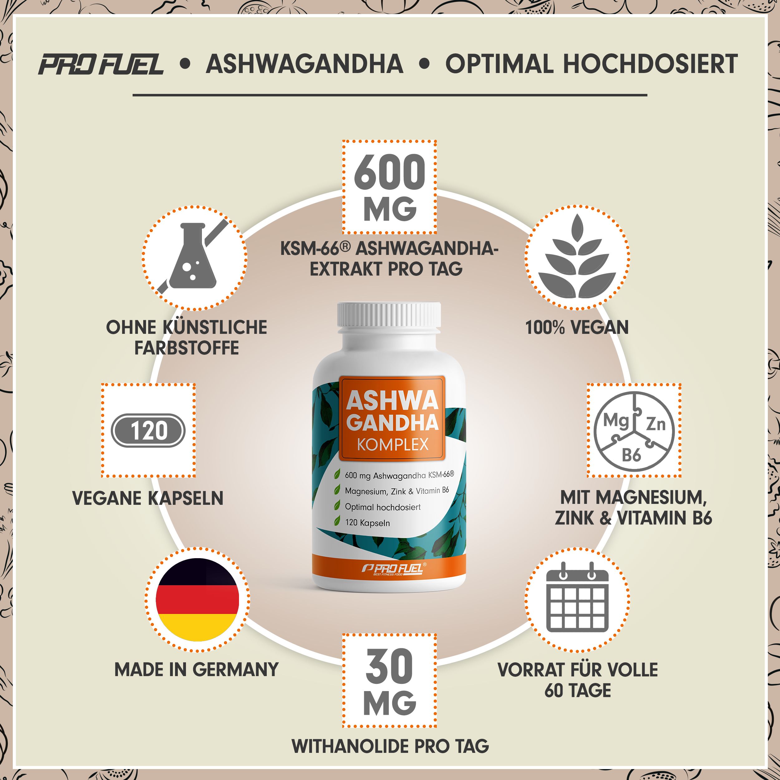 Nahrungsergänzungsmittel in einer weißen Flasche. Enthält 120 Kapseln. Mit Magnesium, Zink und Vitamin B6. Hergestellt in Deutschland. Vegan.