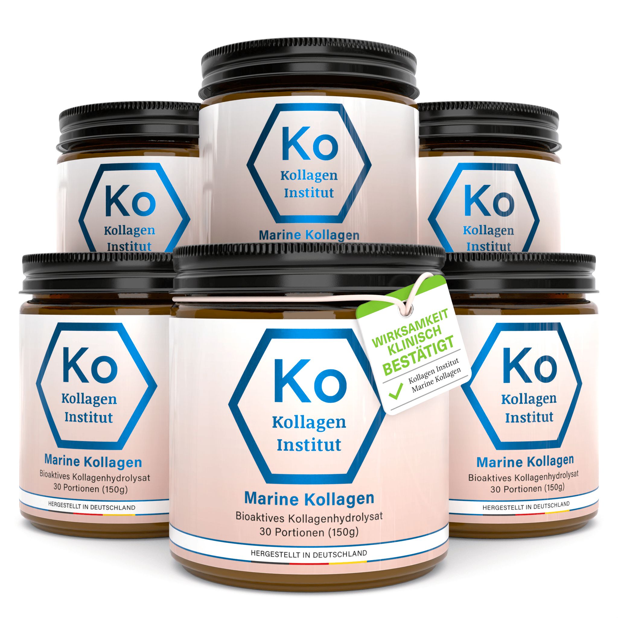 Sechs Gläser Marine Kollagen Pulver. Schwarze Deckel, blaue Etiketten mit Logo und Text. Ein Etikett mit "Wirksamkeit klinisch bestätigt".