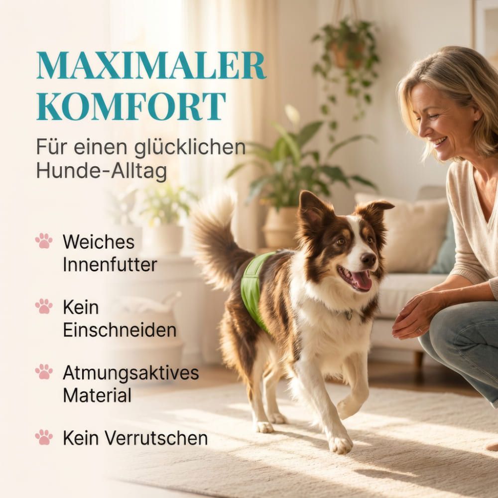Hund mit grüner Windel, Frau lächelt. Text: Maximaler Komfort. Weiches Innenfutter. Atmungsaktives Material.