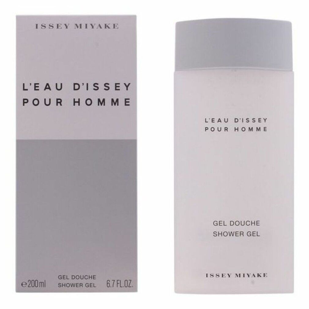 Issey Miyake Duschgel-Flakon und -Verpackung. Flakon und Verpackung nebeneinander. Text: L'EAU D'ISSEY POUR HOMME, GEL DOUCHE SHOWER GEL. Verpackung mit Text.