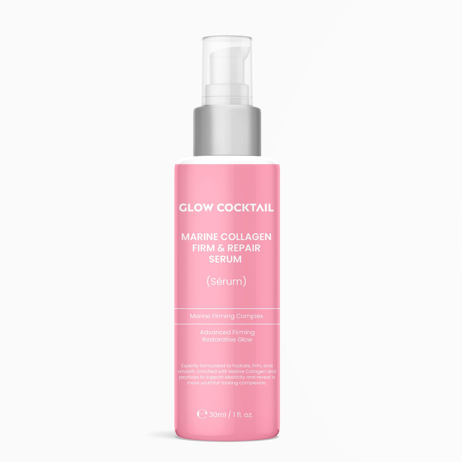 Rosa Serumflasche mit silberner Pumpe. Aufschrift: Glow Cocktail, Marine Collagen Firm & Repair Serum. Enthält Text über Inhaltsstoffe und Vorteile.