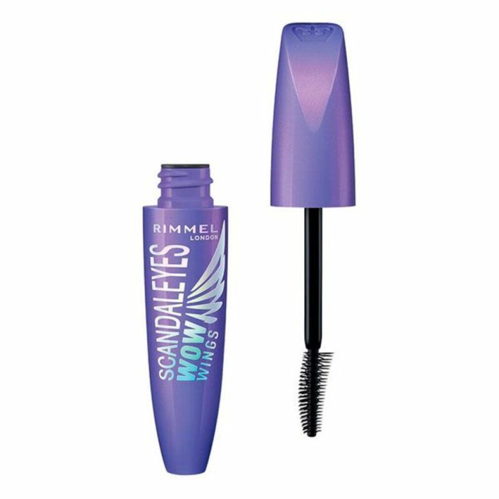 Schwarze Mascara-Flasche mit lila Deckel. Schriftzug Scandaleyes Wow Wings. Bürste im Deckel.