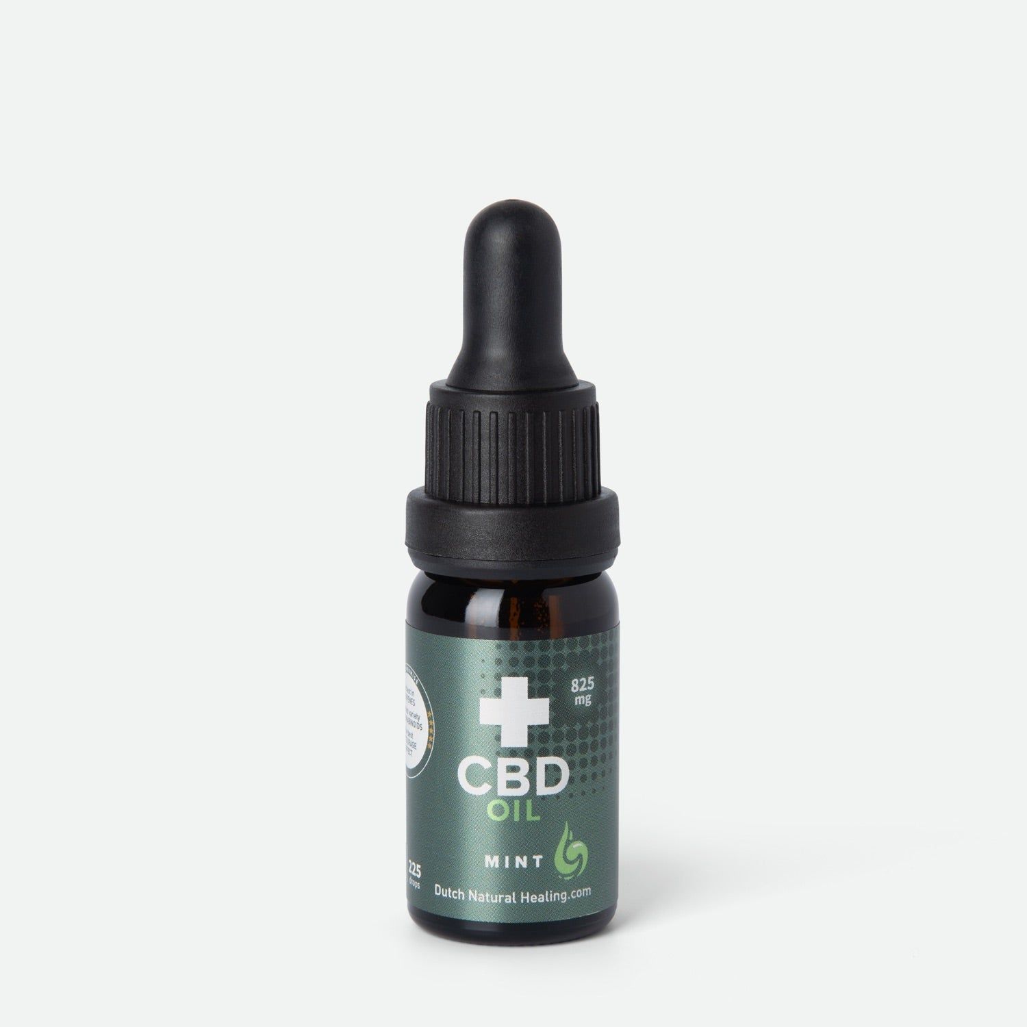 Braune Glasflasche mit schwarzer Pipette. Etikett mit weißem Kreuz, "CBD OIL" und "MINT". Marke: Dutch Natural Healing.