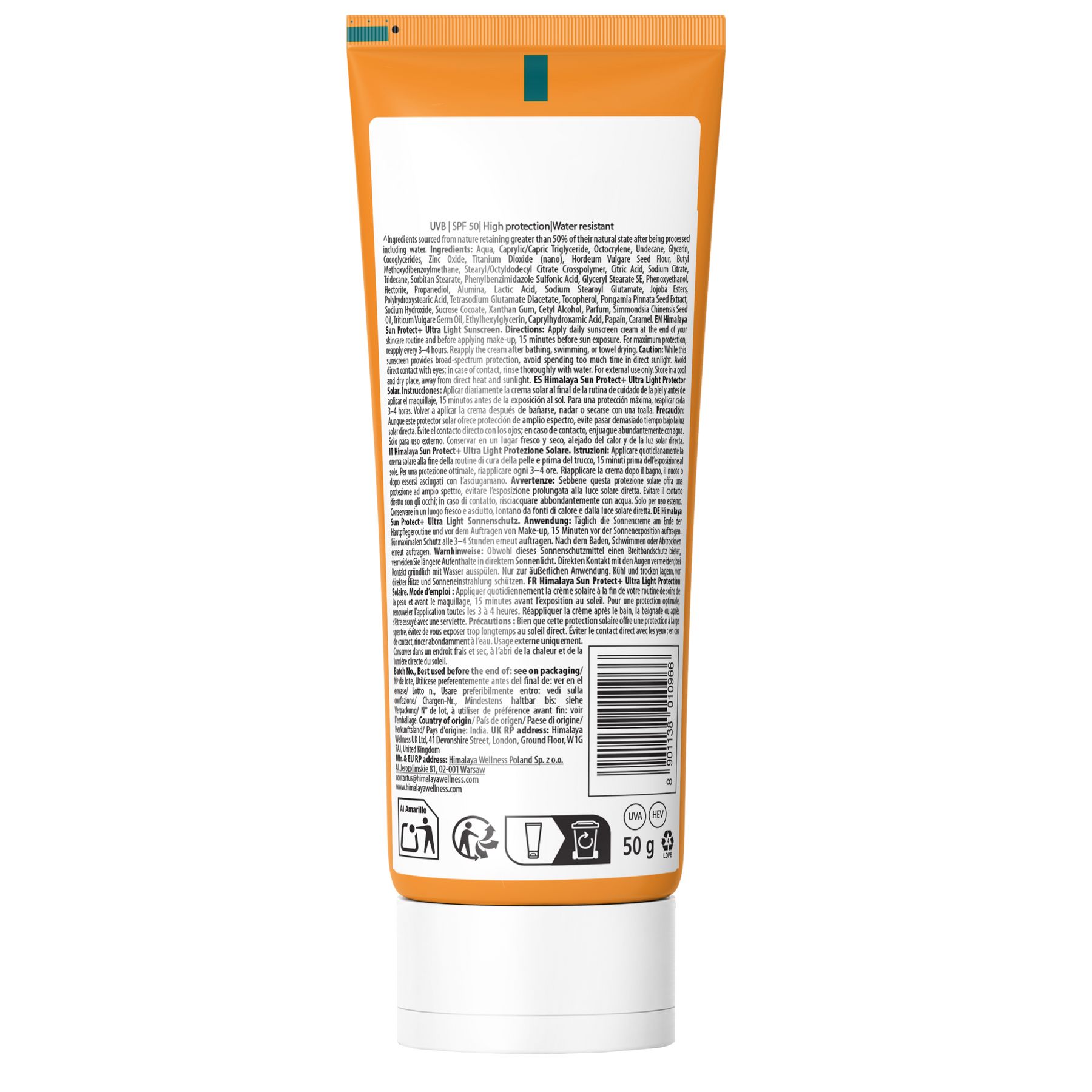 Rückseite einer orange-weißen Tube Sonnencreme mit Produktinformationen und Barcode. 50g.