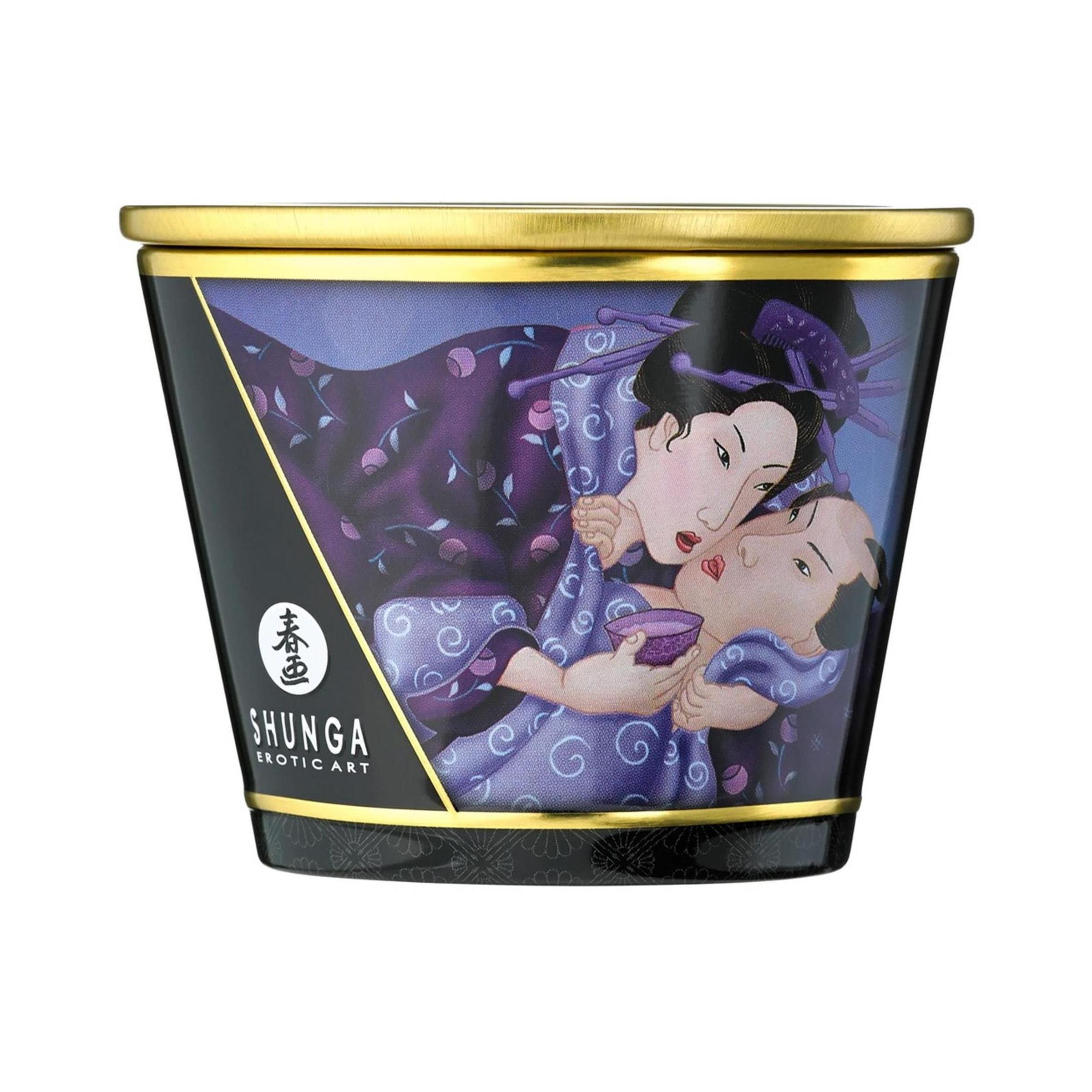 Behälter mit Deckel, Illustration. Schwarzer Hintergrund, goldener Rand. Aufschrift: Shunga Erotic Art.