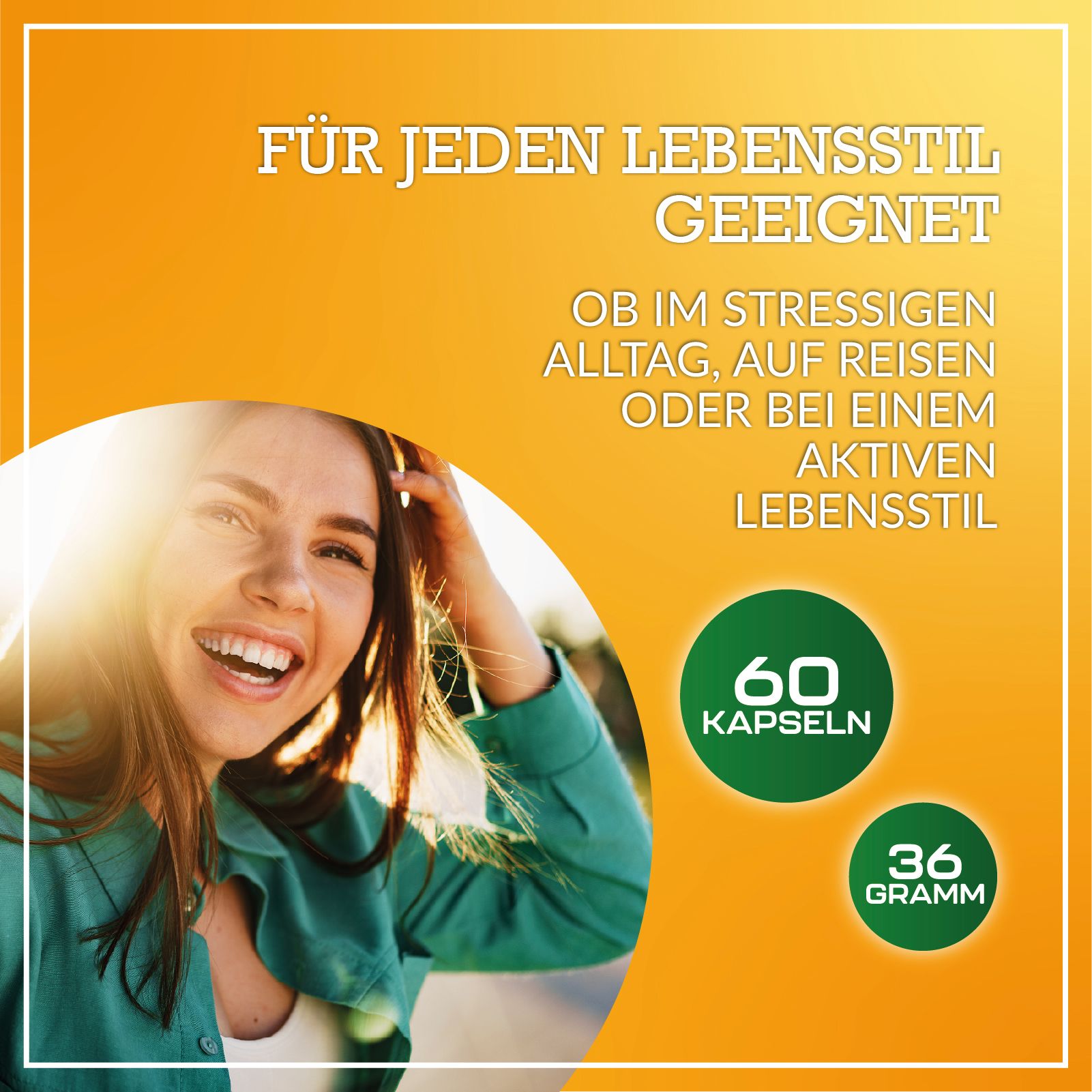 Werbebild mit lächelnder Frau und Vitamin C Kapseln. Geeignet für jeden Lebensstil: Alltag, Reisen, aktiver Lebensstil.