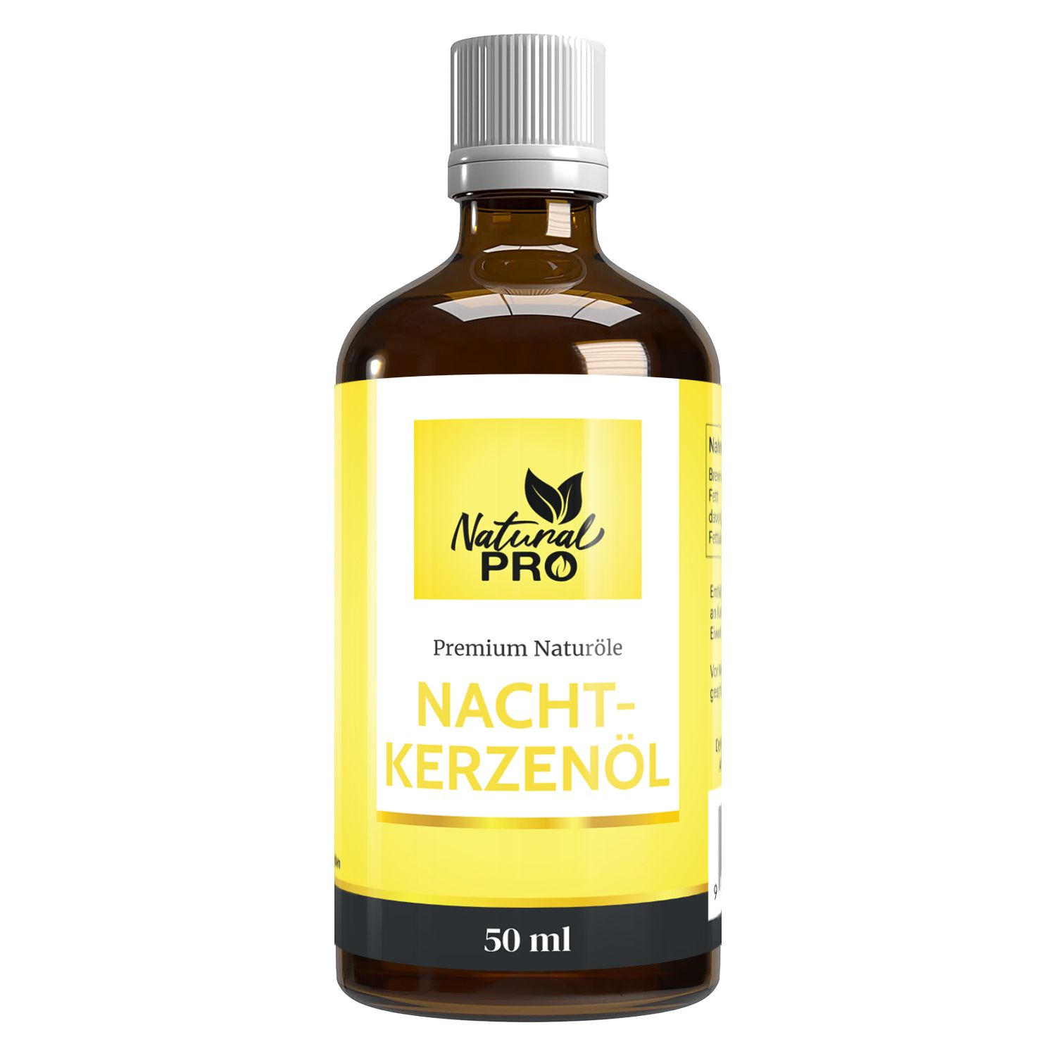 Braune Glasflasche mit gelbem Etikett. Aufschrift: Nachtkerzenöl, 50 ml. Marke: Natural PRO.