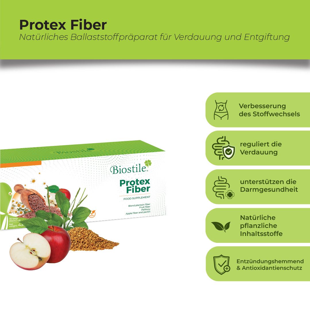 Biostile Protex Fiber Karton mit Icons für Verdauung und Stoffwechsel.