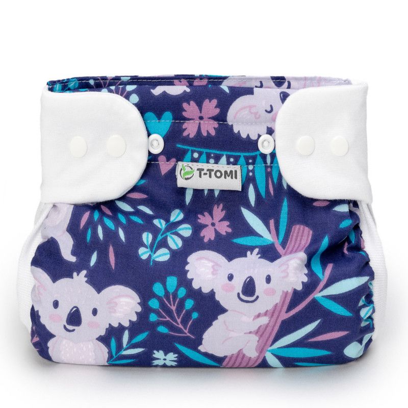 Spreizhöschen mit Koala-Muster und Druckknöpfen. T-TOMI Logo sichtbar. Weiße Ränder.