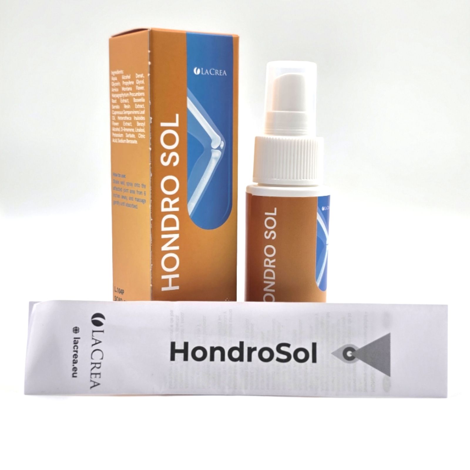 Produktpackung mit Flasche und Beutel. Orange-braune Schachtel, weiße Sprühflasche und Beutel mit Produktnamen. Text: "Hondro Sol".