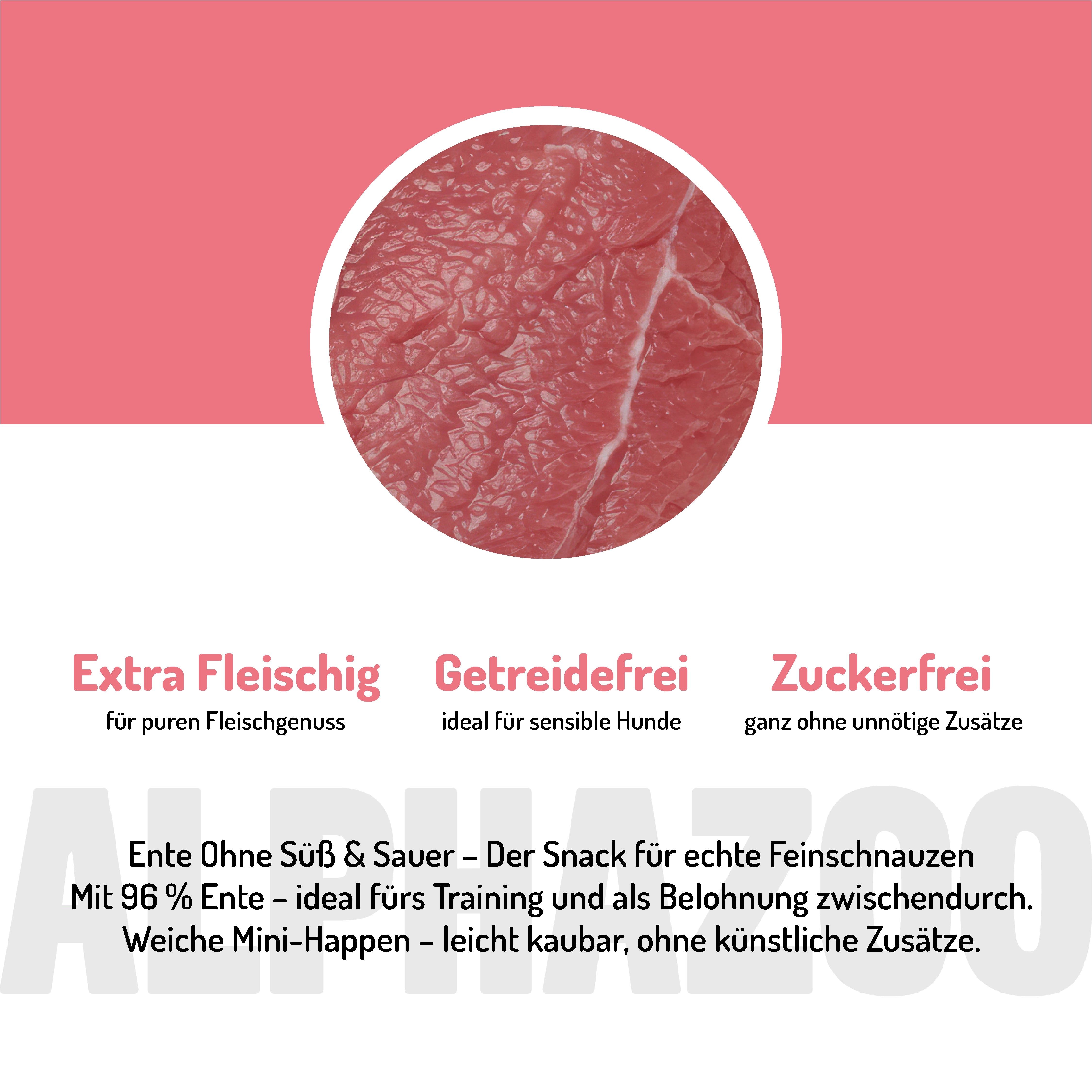 Text: Extra Fleischig, Getreidefrei, Zuckerfrei. Text: Ente Ohne Süß & Sauer - Der Snack für echte Feinschnauzen. Weiche Mini-Happen.