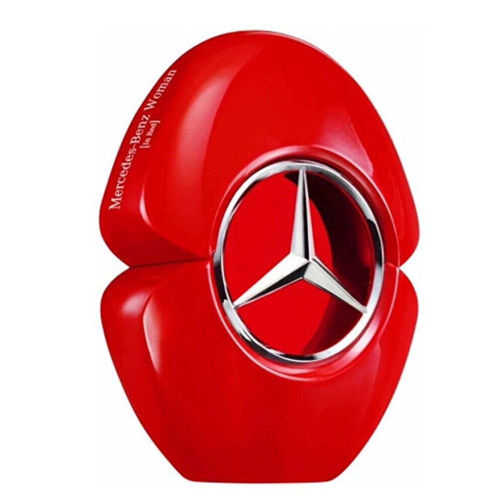 Roter Flakon mit silbernem Stern-Logo. Aufschrift: Mercedes-Benz Woman [In Red]. Eau de Parfum.