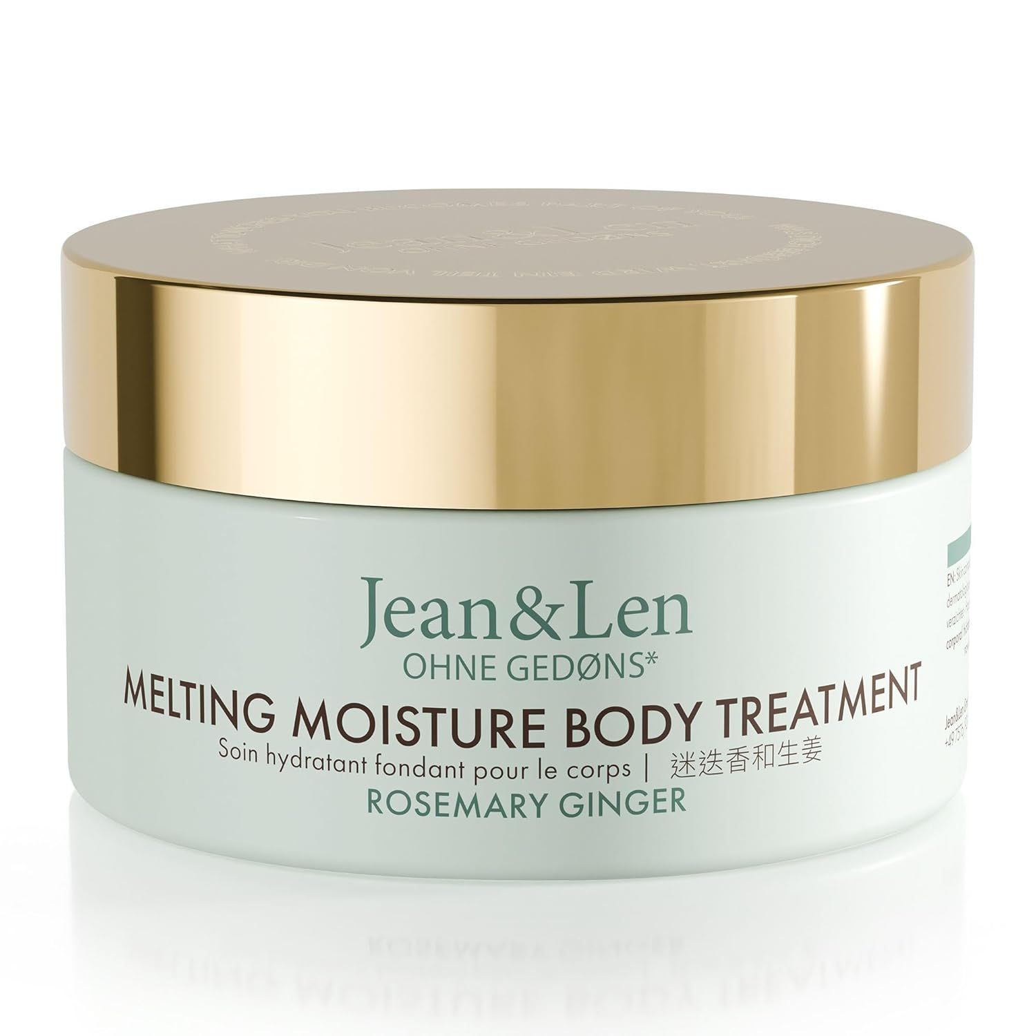 Produkt-Tiegel mit goldfarbenem Deckel. Aufschrift: Jean & Len, Melting Moisture Body Treatment Rosemary Ginger. Weißer Hintergrund.