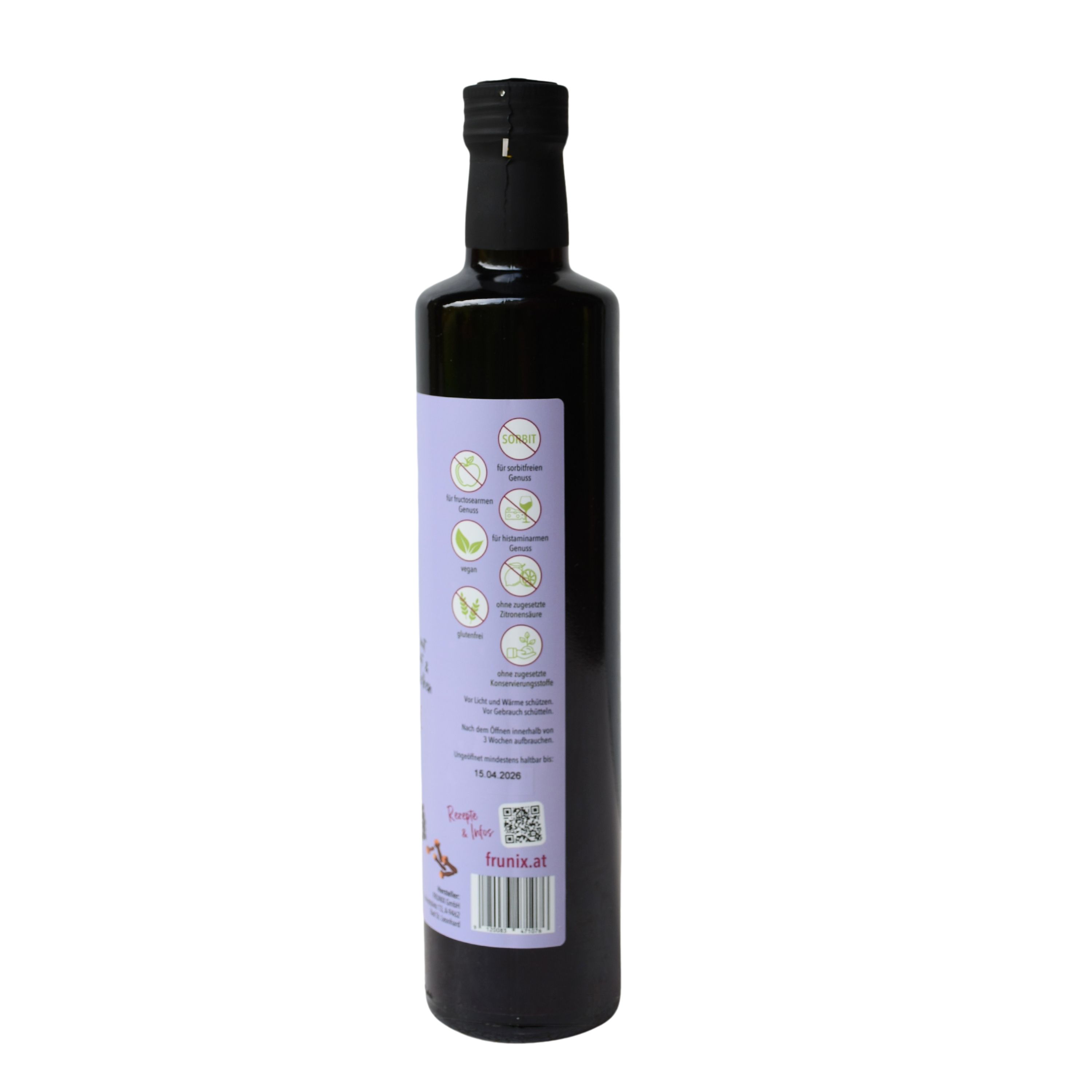 Dunkle Glasflasche mit schwarzem Verschluss. Etikett mit Produktinformationen und Logos. Barcode unten.