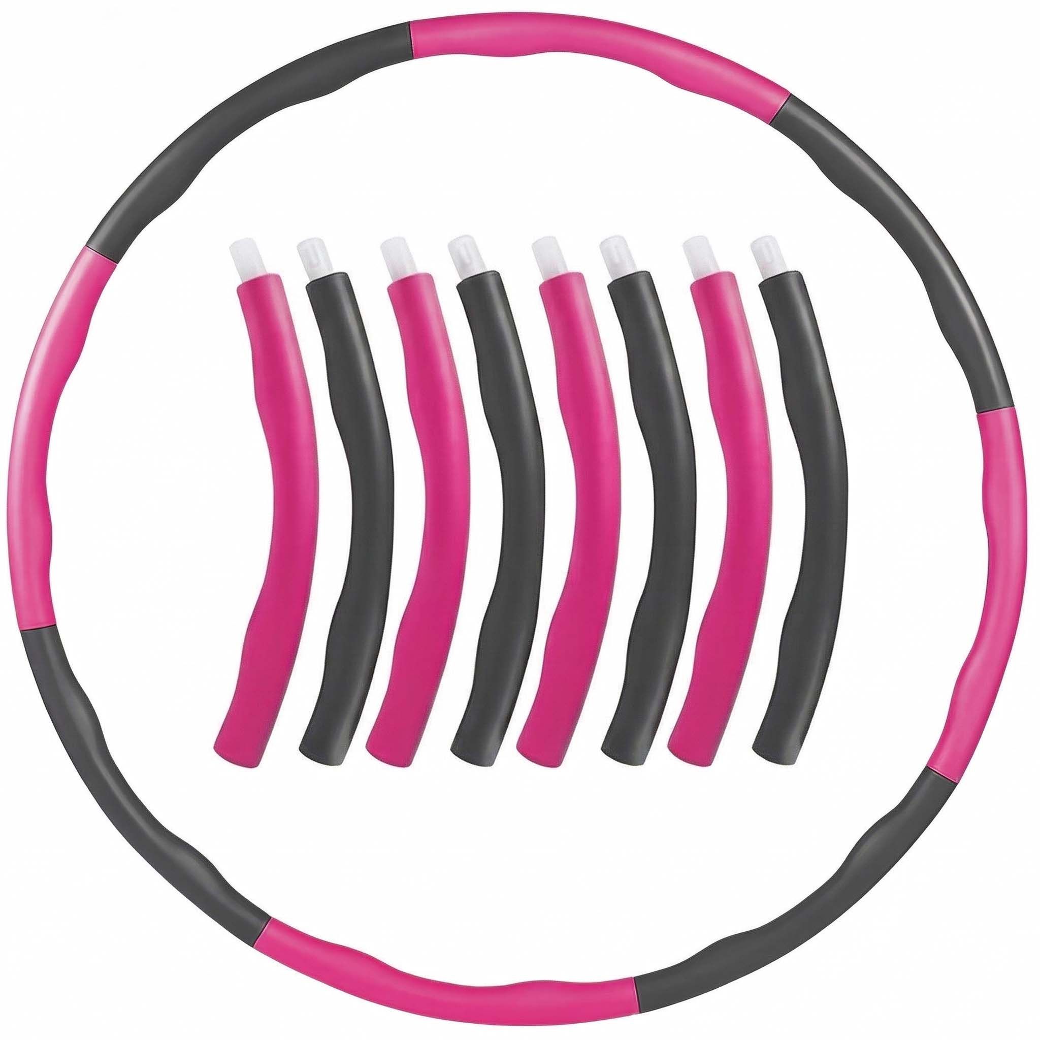 Hula-Hoop-Reifen, zerlegt in Segmente. Schwarz-rosa Farbgebung. Einzelne Teile zur Montage. Acht Segmente im Kreis angeordnet.