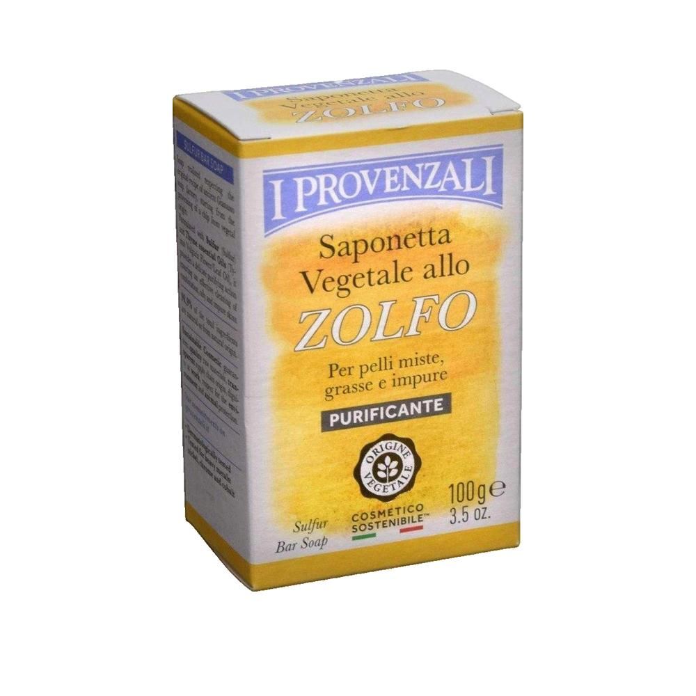 Gelbe Seife in Kartonverpackung. Text: Zolfo, purificante, 100g, Cosmetico Sostenibile. Für Mischhaut.