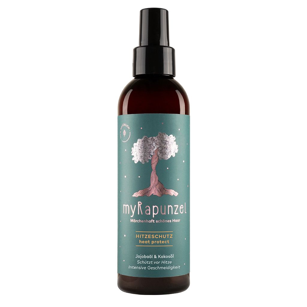 Braune Sprühflasche mit türkisfarbenem Etikett, das einen Baum und den Text 'myRapunzel Hitzeschutz' zeigt.