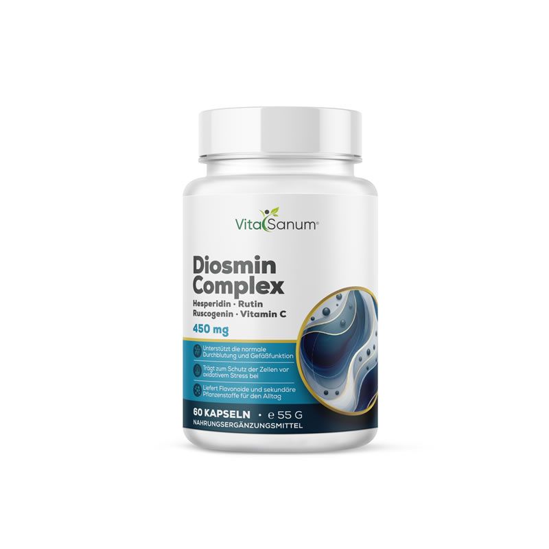Weiße Flasche mit Diosmin Complex. Enthält Hesperidin, Rutin, Vitamin C. 450 mg. 60 Kapseln. Nahrungsergänzungsmittel.