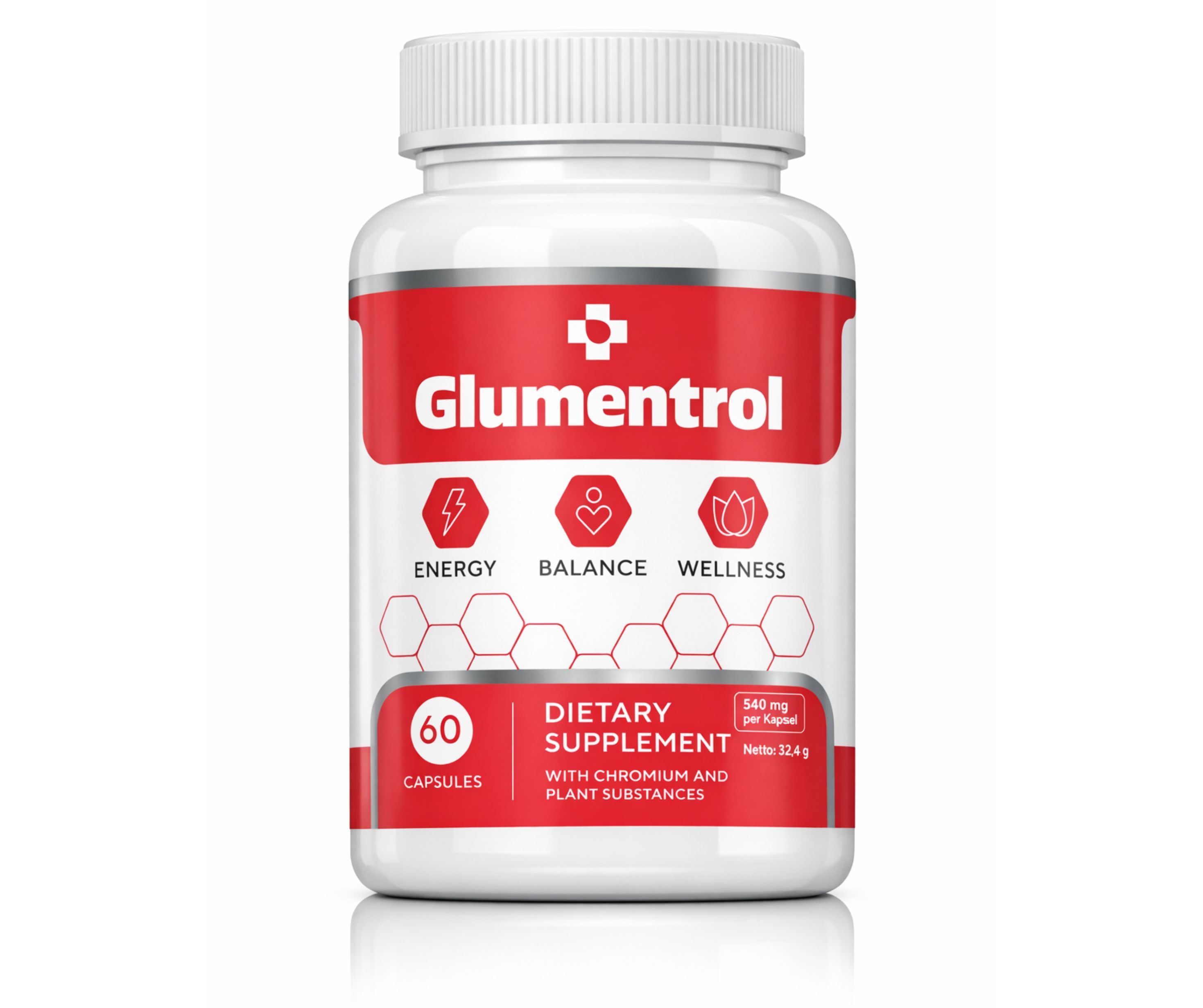 Weiße Flasche mit rotem Etikett. Aufschrift: Glumentrol, 60 Kapseln. Zusatz: Nahrungsergänzungsmittel mit Chrom und Pflanzenstoffen.