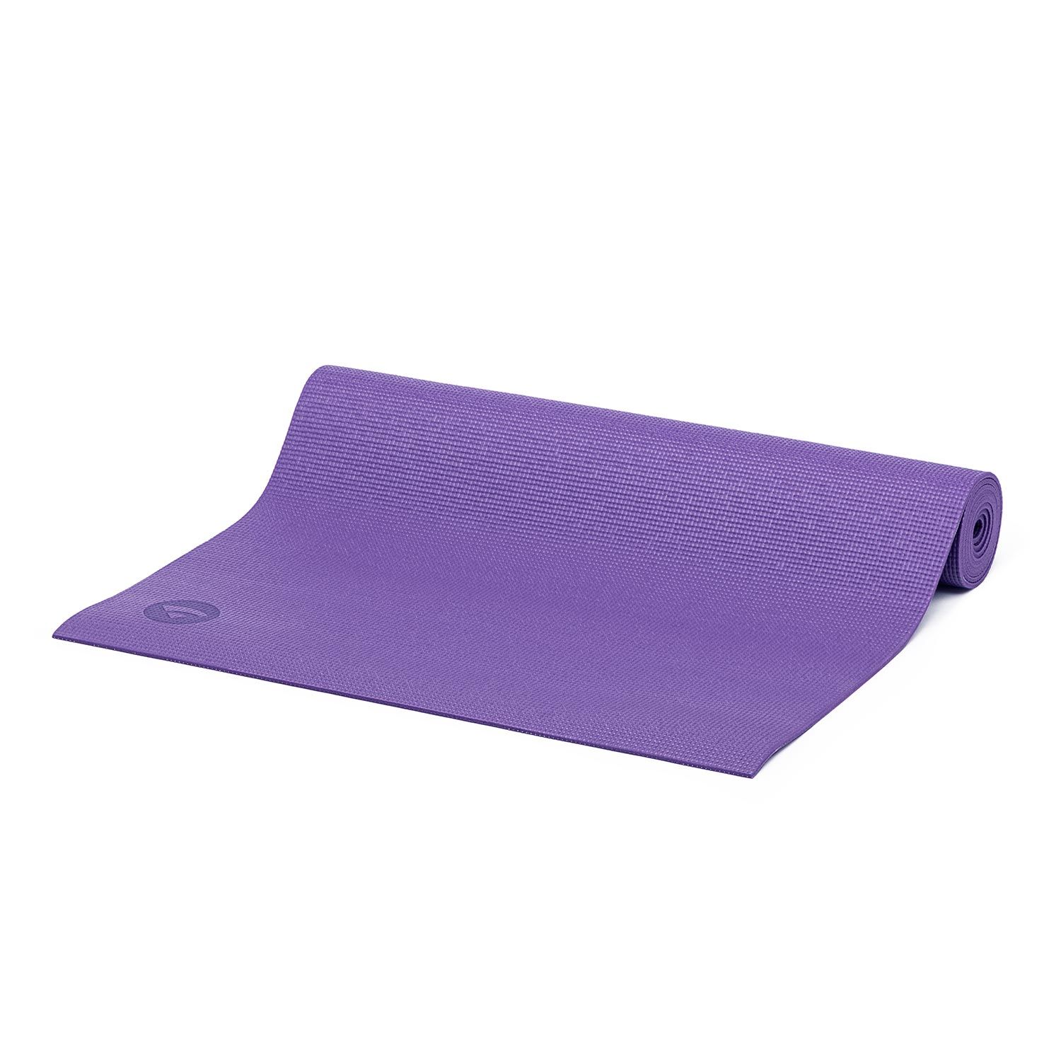 Lila Yogamatte, teilweise gerollt. Auf der Matte ist ein Logo zu sehen.